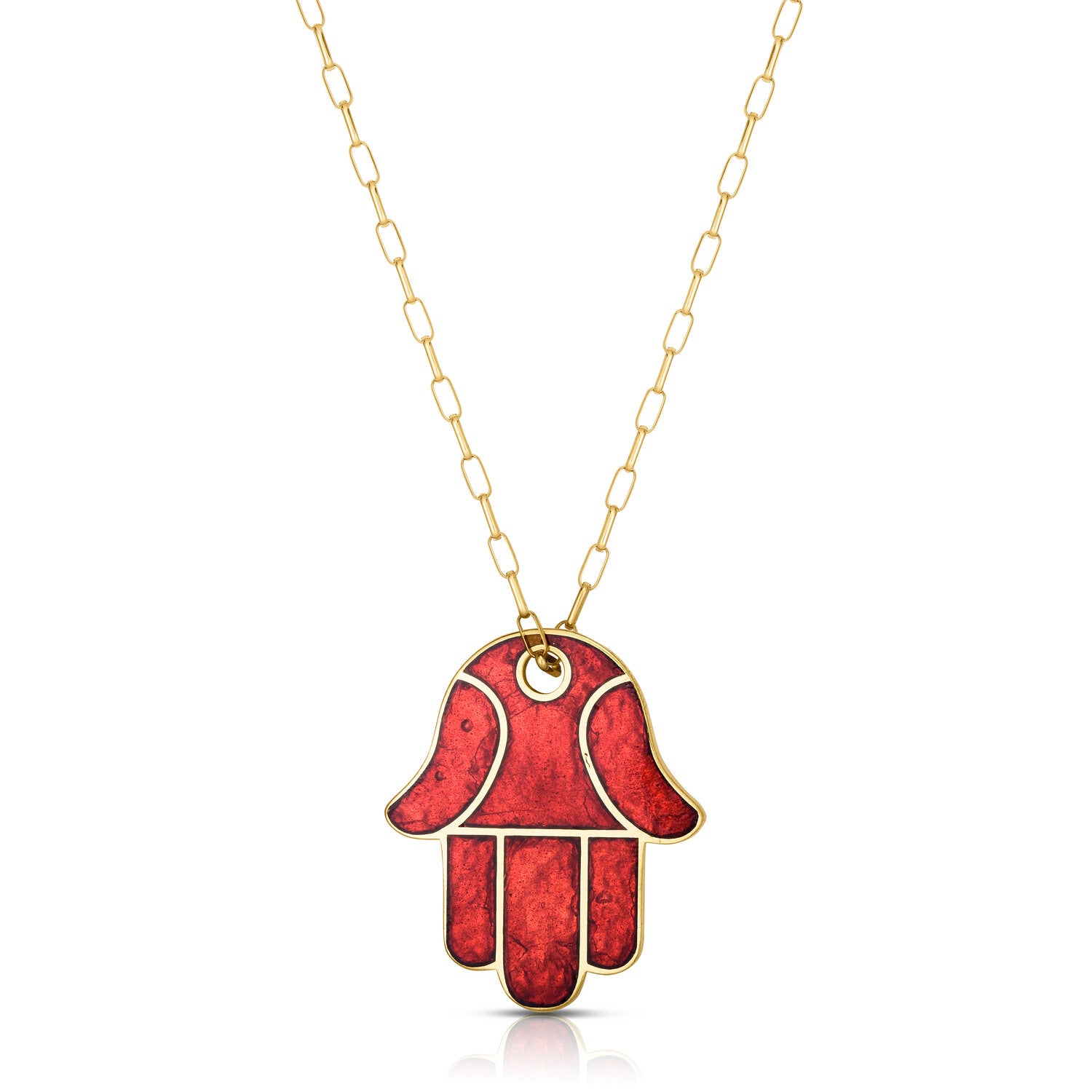 Medium Hamsa Necklace in Red Pearlized Enamel set on an 18 karat yellow gold chain